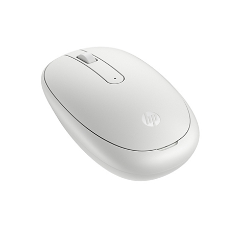 Hellgraue kabellose Computermaus von HP, Rollrad und HP-Logo sind erkennbar.