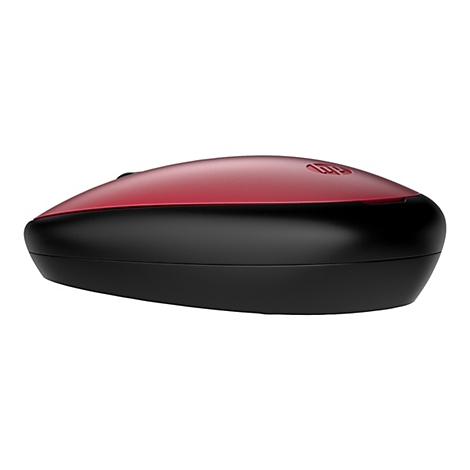 Drahtlose Maus in Rot und Schwarz mit HP-Logo. Geschwungene Form, modernes Design.