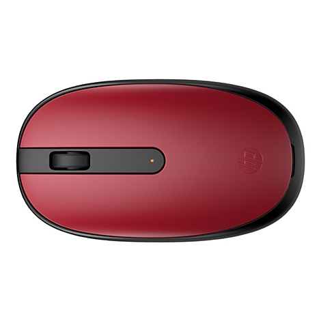 Drahtlose Computermaus, rot-schwarz. Auf der Maus befindet sich das HP-Logo.