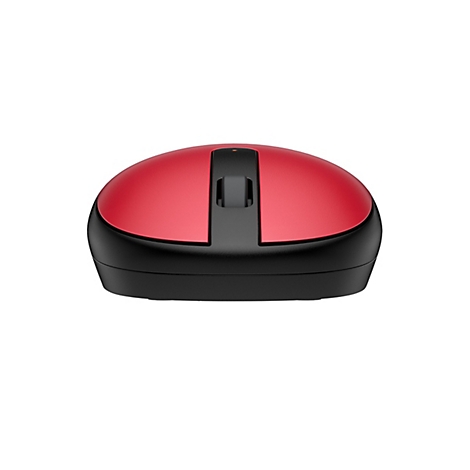 Draufsicht auf eine Computermaus in Rot und Schwarz vor weißem Hintergrund.