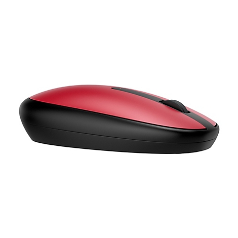 Eine rote und schwarze Computermaus auf weißem Hintergrund. Das Mausrad ist schwarz.