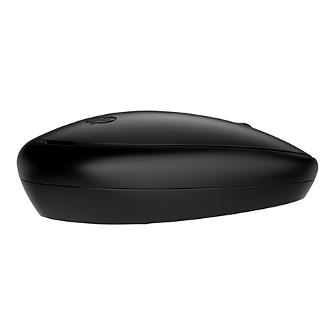 Schwarze Computermaus, oval, mit HP-Logo.