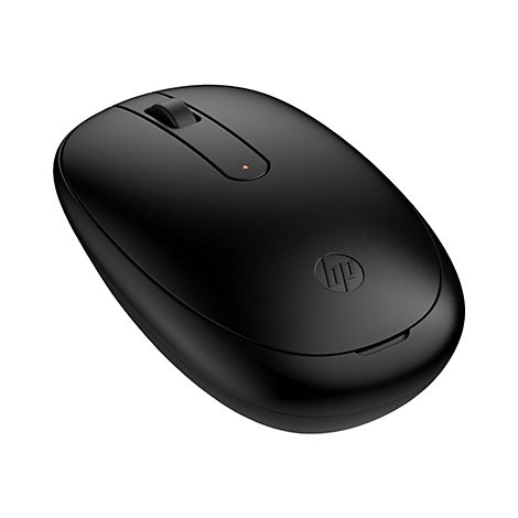 Schwarze HP-Maus. Sichtbares Mausrad, Logo und Kontrollleuchte.