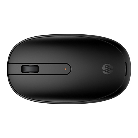 Schwarze kabellose HP-Maus, Draufsicht. Das HP-Logo befindet sich auf der rechten Seite. Ein kleines, orangefarbenes Licht befindet sich in der Nähe des Scrollrads.