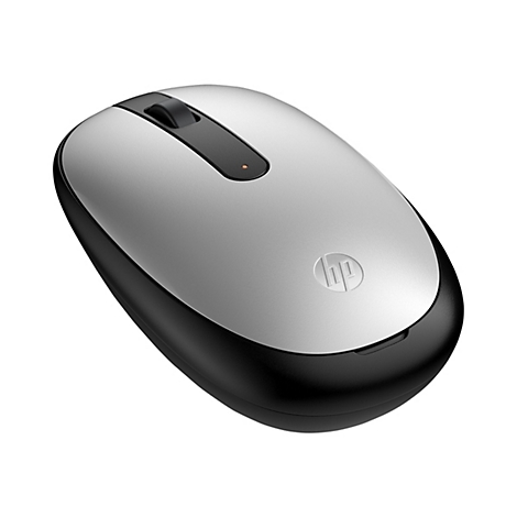 Silber-schwarze HP Maus mit Rollrad und HP-Logo. Auf der Maus befindet sich eine kleine rote LED.