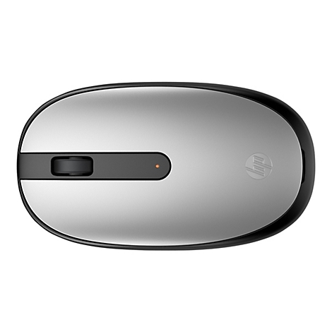 Draufsicht auf eine silberne HP-Maus mit schwarzem Rand und oberem Element, welches ein Scrollrad und eine LED-Leuchte umfasst.