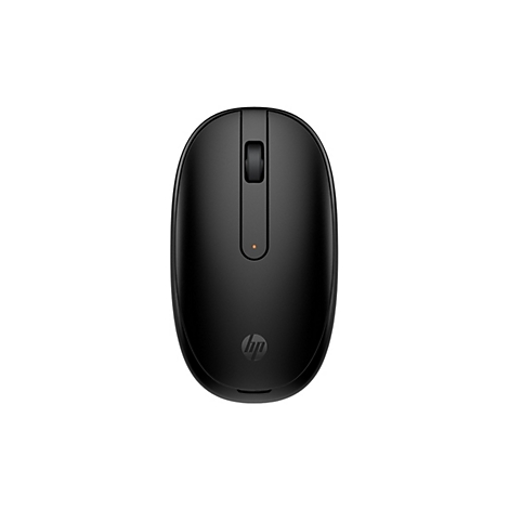 Draufsicht auf eine schwarze HP-Maus mit Scrollrad und HP-Logo. Ein orangefarbener Punkt leuchtet.