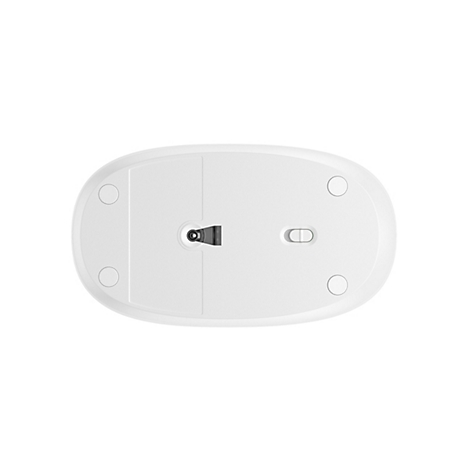 Unterseite einer weißen Computermaus mit Sensor und An-Aus-Schalter auf weißem Hintergrund.