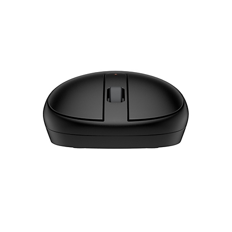 Schwarze, ergonomische Computermaus in der Vorderansicht mit einem zentralen Scrollrad und einer kleinen Statusleuchte.