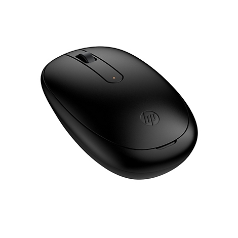 Schwarze kabellose HP-Maus in der Draufsicht vor weißem Hintergrund.