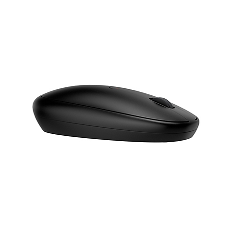 Schwarze, flache Computermaus in Seitenansicht vor weißem Hintergrund.