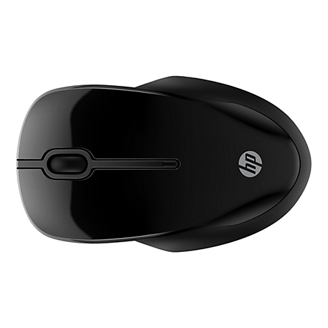 Draufsicht auf eine schwarze HP-Maus. Die Maus hat zwei Tasten und ein Scrollrad.
