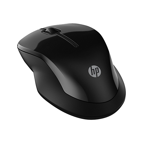 Schwarze HP-Maus, mit HP-Logo, glänzend und ergonomisch geformt, auf weißem Hintergrund.