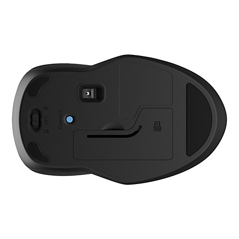 Schwarze Maus, Ansicht von unten: Schalter, Schalter für Ein/Aus, Bluetooth-Funktion, Einbuchtung für einen USB-Empfänger.