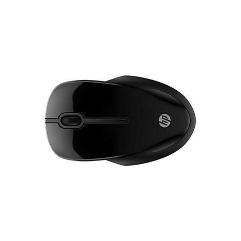 Draufsicht auf eine schwarze HP Maus auf weißem Hintergrund.