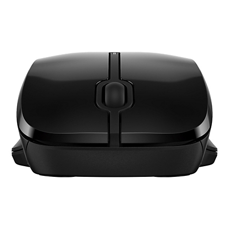 Schwarze Computermaus, Draufsicht, mit glänzender Oberfläche und matten Seiten.