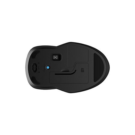 Draufsicht auf eine schwarze Maus. Auf der Unterseite befinden sich eine Ein/Aus-Schalter, ein Connect-Knopf und eine Batterieabdeckung.