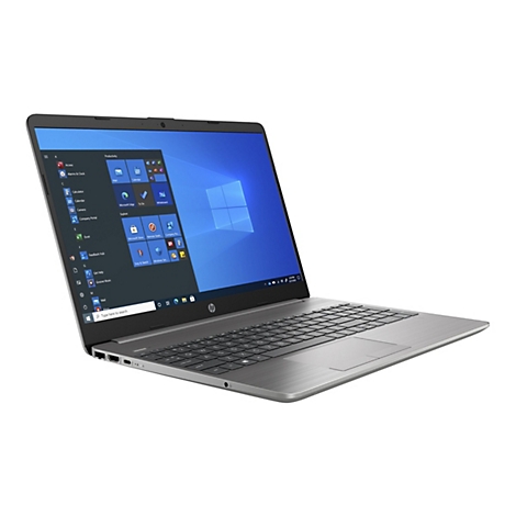 Ein grauer Laptop, leicht von der Seite fotografiert, auf dem Bildschirm ist das Windows-Betriebssystem zu sehen. Auf der Tastatur sind die einzelnen Tasten deutlich zu erkennen.