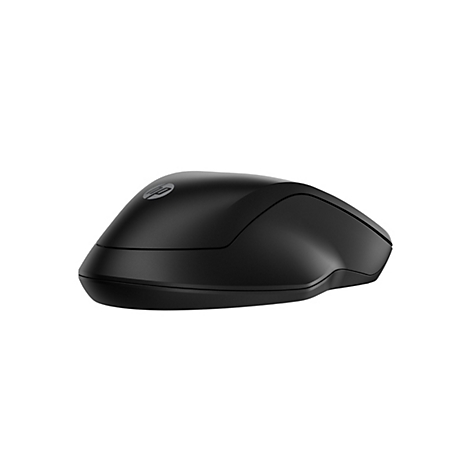 Ein schwarze HP Computermaus in schräger Perspektive, mit dem HP Logo.