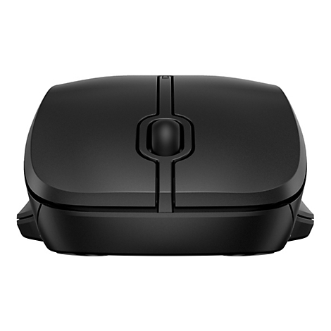 Draufsicht auf eine schwarze Computermaus mit zwei Maustasten und einem Scrollrad, auf weißem Hintergrund.