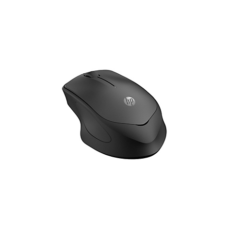 Schwarze kabellose HP-Computermaus vor weißem Hintergrund.
