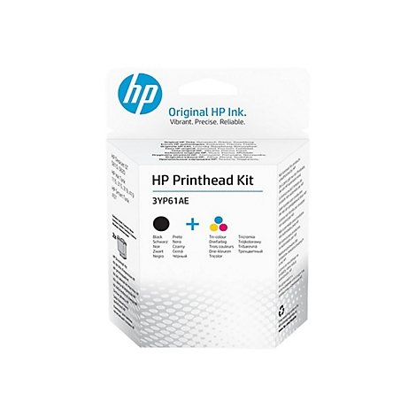 HP Printhead Kit-Verpackung. Aufdruck: schwarze Tintenpatrone, blaue, gelbe und pinkfarbene Tinte. Weiße Verpackung mit HP-Logo.
