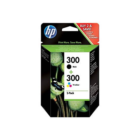 Eine HP Tintenpatronen-Verpackung, mit den Schriftzügen "BUY 2 & SAVE!". Auf der Verpackung sind 2x300 Black und 2x300 Tri-color abgebildet.