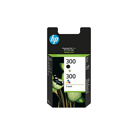 HP-Tintenpatronen-Packung mit einem schwarzen Tintenpatrone und einer Farbpatrone, vor einem schwarzen Hintergrund mit Pflanzenmotiv. Auf der Packung das HP-Logo und die Aufschrift.