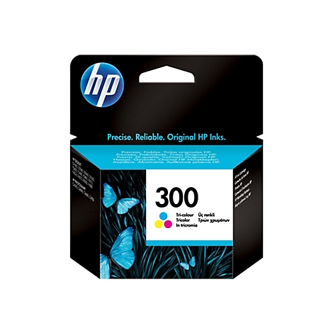 Schwarzer HP Tintenpatronen-Karton mit blauem Schmetterlingsdesign und Text: "Precise. Reliable. Original HP Inks." Nummer "300".