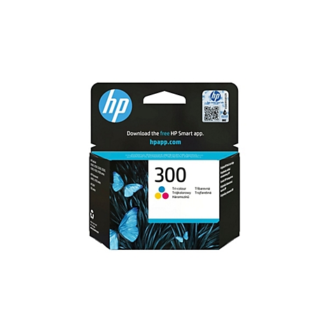Eine HP Tintenpatrone, verpackt. Die Verpackung ist schwarz mit blauen Schmetterlingen. Auf der Verpackung befindet sich das HP Logo und der Hinweis auf die HP Smart App.