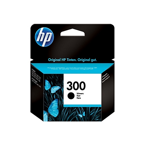 Original HP 300 Tintenpatrone in Schwarz mit Schmetterlingsmotiv auf der Verpackung.