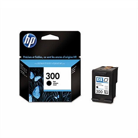 Schwarze HP 300 Druckerpatrone mit Originalverpackung vor weißem Hintergrund.