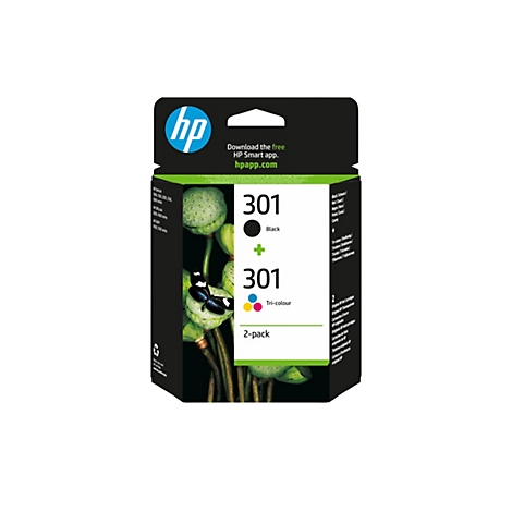 HP Tintenpatronen-Packung vor botanischem Hintergrund. Die Packung hat das Logo von HP sowie die Aufschrift „301“ in Schwarz und Tricolor.