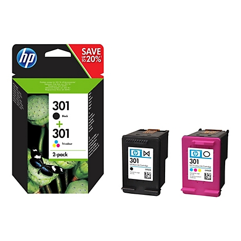Ein Set Tintenpatronen mit Verpackung, darunter eine schwarze und eine dreifarbige Patrone. Die Verpackung zeigt das HP-Logo und einen Rabatt.