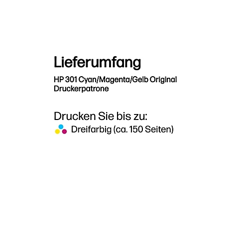 Text auf weißem Hintergrund: "Lieferumfang". Darunter: "HP 301 Cyan/Magenta/Gelb Original Druckerpatrone". Darunter: "Drucken Sie bis zu:" und "Dreifarbig (ca. 150 Seiten)"