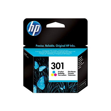 Schwarzer HP Tintenpatronen-Karton mit blauen Schmetterlingen. Aufgedruckt: 301, Tri-colour, Precise, Reliable, Original HP Inks.