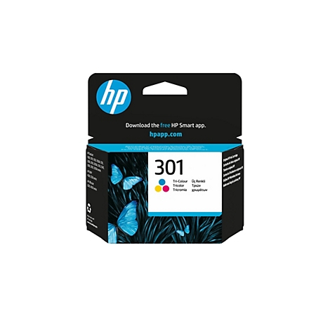 HP 301 Tintenpatrone, blaue Schmetterlinge vor dunklem Hintergrund, Logo und Schriftzug.