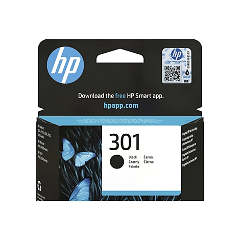 Schwarze HP Tintenpatrone 301. Auf der Verpackung befinden sich ein HP Logo, QR-Code und Schmetterlingsbilder.