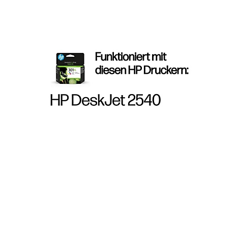Eine HP 301XL Tintenpatrone neben dem Text 'Funktioniert mit diesen HP Druckern' und dem Modell 'HP DeskJet 2540' auf weißem Hintergrund.