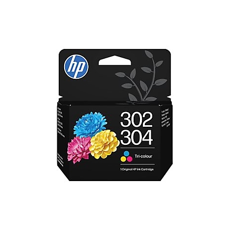 Original HP 302 304 Tri-color Tintenpatrone in schwarzer Verpackung mit bunten Blumenmotiven.