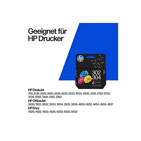 Schwarzer Tintenpatronen-Karton mit HP-Logo, Text: 302/304, Tri-color, geeignet für HP Drucker. In blauem Hintergrund.