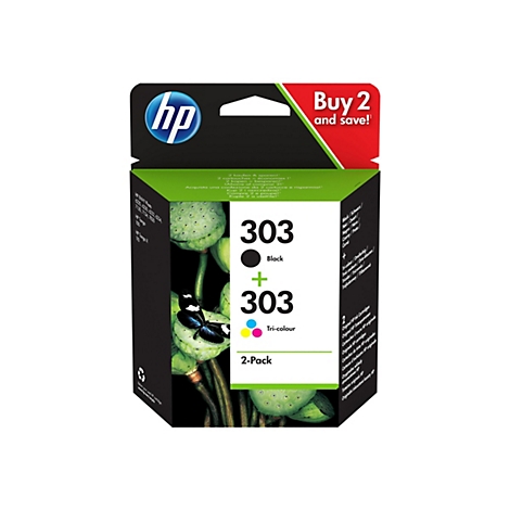 HP Tintenpatronen 303, 2er-Pack, schwarz und dreifarbig. Auf der Verpackung sind eine schwarze Blüte und ein Schmetterling abgebildet.