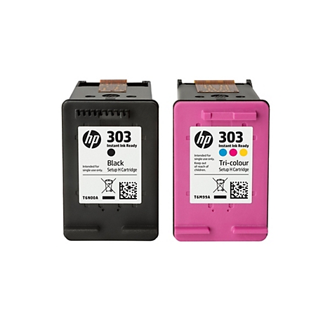 Zwei Tintenpatronen nebeneinander. Links schwarz, rechts pink. Auf jeder steht HP 303 Instant Ink Ready.