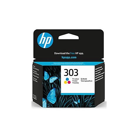 HP 303 Dreifarben-Druckerpatrone in schwarzer Verpackung mit blauem Schmetterlingsmotiv.
