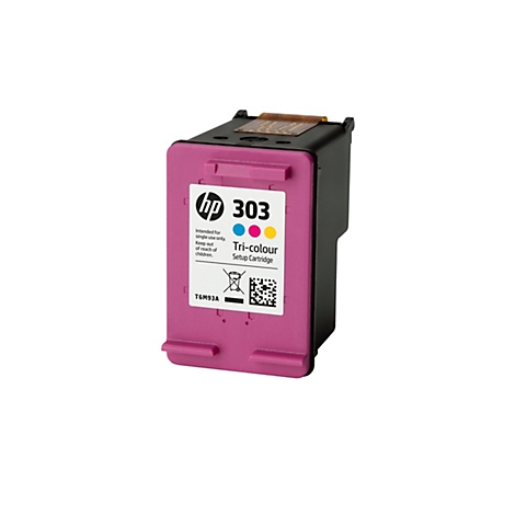 Eine HP 303 Tri-Colour-Druckerpatrone, mit Text: "Tri-colour Setup Cartridge". Aufdruck mit farbigen Punkten: blau, magenta, gelb.