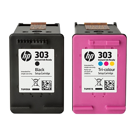 Zwei Tintenpatronen nebeneinander. Links schwarz, rechts pink. Aufschrift: HP 303, Instant Ink Ready.