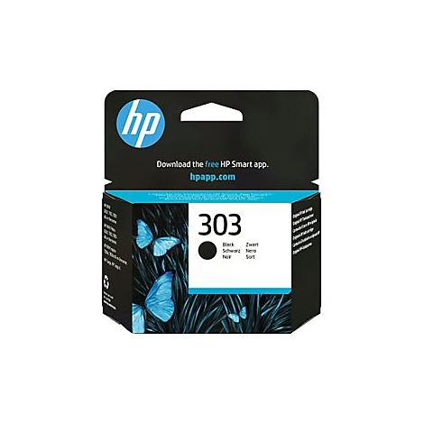 HP 303 Druckerpatrone in schwarzer Verpackung mit blauen Schmetterlingsmotiven vor weißem Hintergrund.