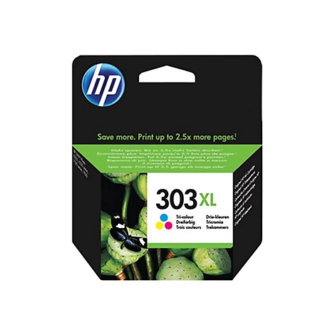 Verpackung einer HP 303XL Tintenpatrone. Auf der Packung das HP Logo, Produktbezeichnung, Text und ein Bild einer Blüte mit Schmetterling.