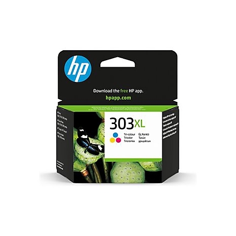 HP 303XL Tintenpatrone. Schwarze Verpackung mit Logo, Aufdruck und botanischem Muster.
