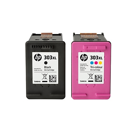 Zwei HP 303XL Tintenpatronen: eine schwarze und eine dreifarbige, vor weißem Hintergrund. Beide haben das HP-Logo und die Aufschrift '303XL'.